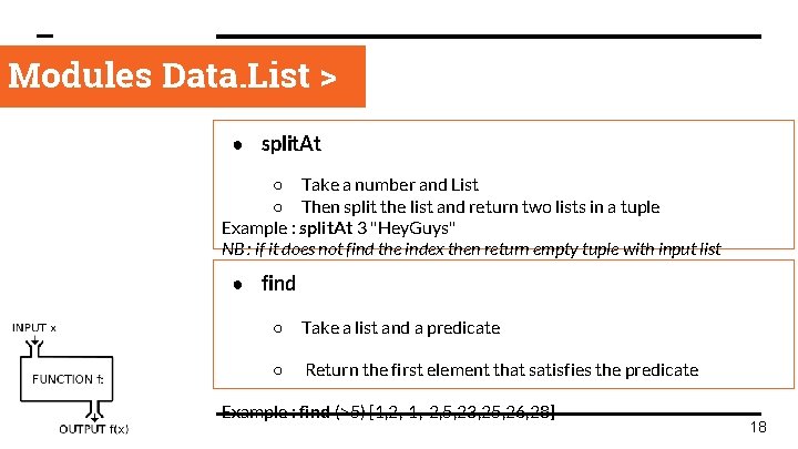 Modules Data. List > ● split. At ○ Take a number and List ○