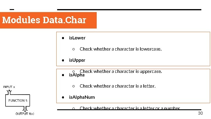 Modules Data. Char > ● is. Lower ○ Check whether a character is lowercase.