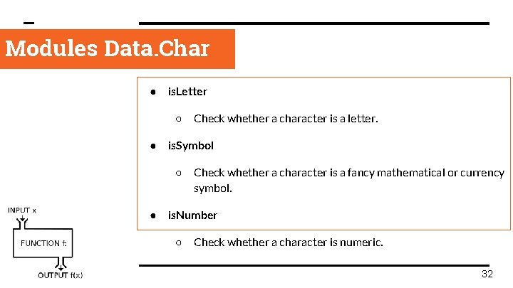 Modules Data. Char > ● is. Letter ○ Check whether a character is a