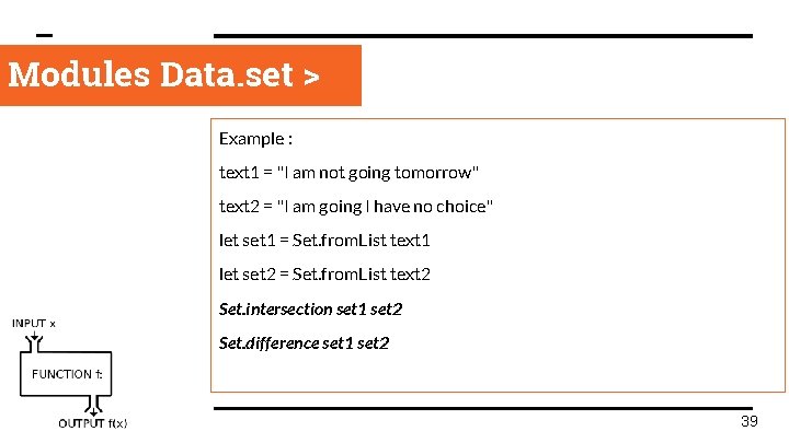 Modules Data. set > Example : text 1 = "I am not going tomorrow"