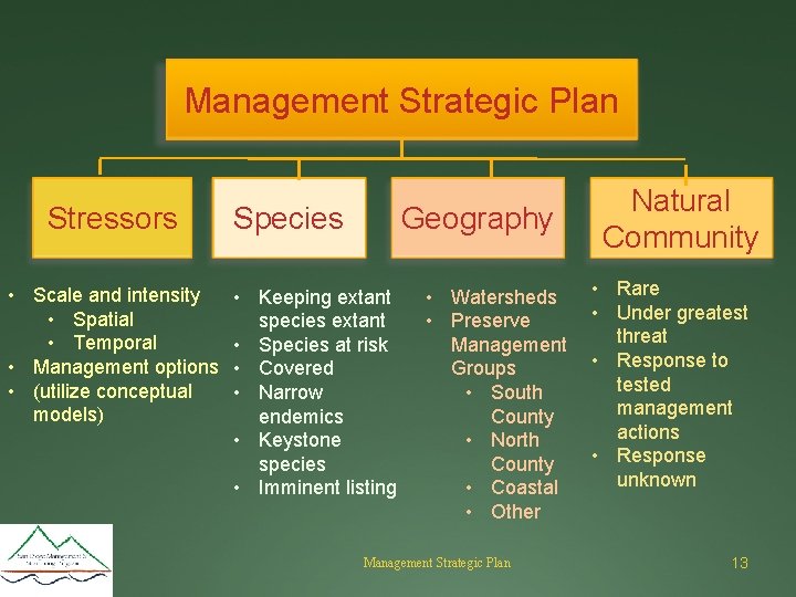 Management Strategic Plan Stressors • Scale and intensity • Spatial • Temporal • Management