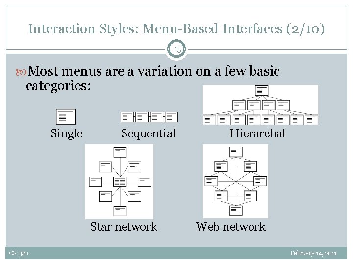 Interaction Styles: Menu-Based Interfaces (2/10) 15 Most menus are a variation on a few