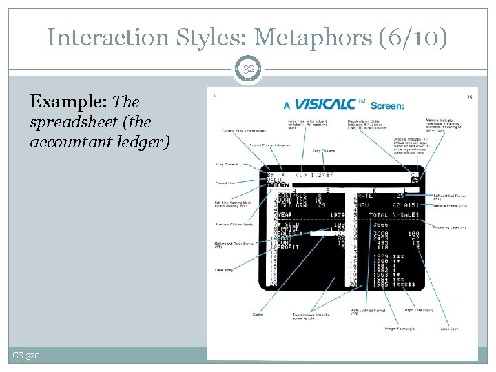 Interaction Styles: Metaphors (6/10) 32 Example: The spreadsheet (the accountant ledger) CS 320 February