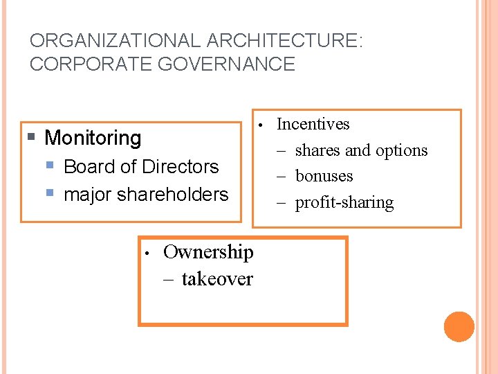 ORGANIZATIONAL ARCHITECTURE: CORPORATE GOVERNANCE § Monitoring § Board of Directors § major shareholders •