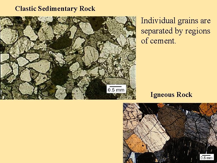 Clastic Sedimentary Rock Individual grains are separated by regions of cement. Igneous Rock 
