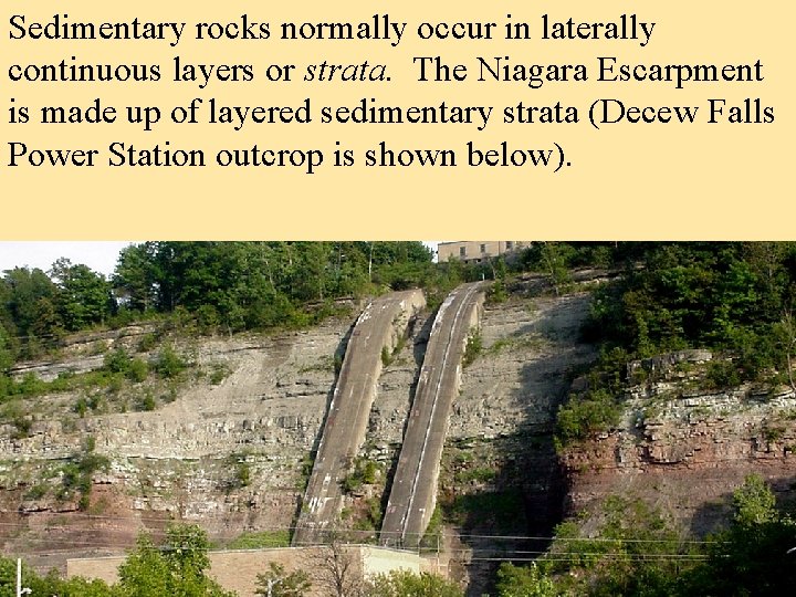 Sedimentary rocks normally occur in laterally continuous layers or strata. The Niagara Escarpment is