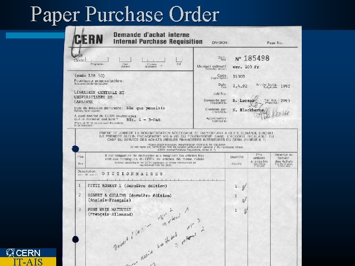 Paper Purchase Order CERN IT-AIS 