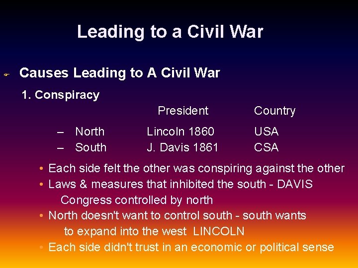 Leading to a Civil War F Causes Leading to A Civil War 1. Conspiracy