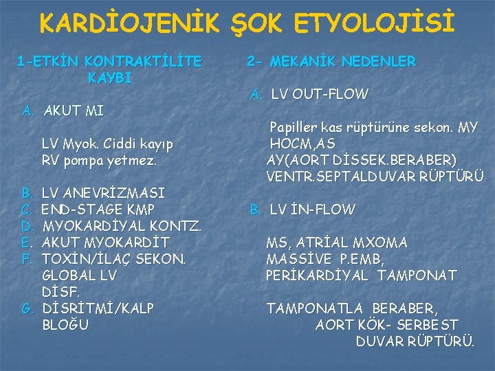 KARDİOJENİK ŞOK ETYOLOJİSİ 1 -ETKİN KONTRAKTİLİTE KAYBI A. AKUT MI LV Myok. Ciddi kayıp