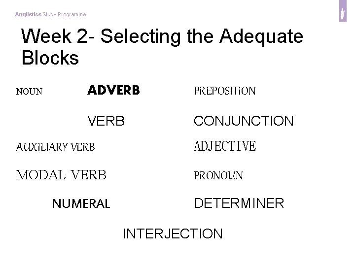 Anglistics Study Programme Week 2 - Selecting the Adequate Blocks NOUN ADVERB PREPOSITION VERB