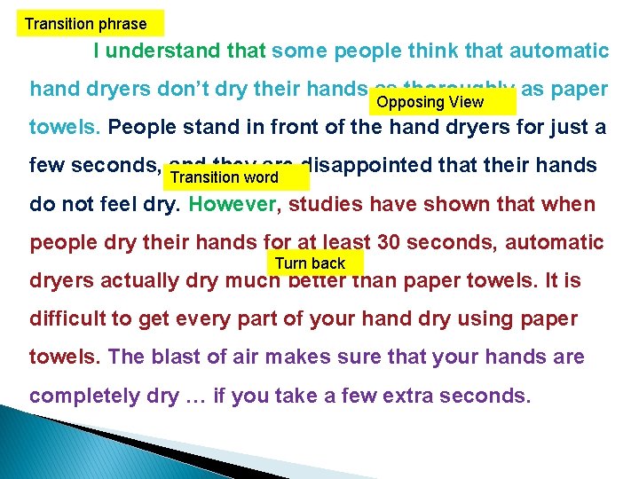Transition phrase I understand that some people think that automatic hand dryers don’t dry