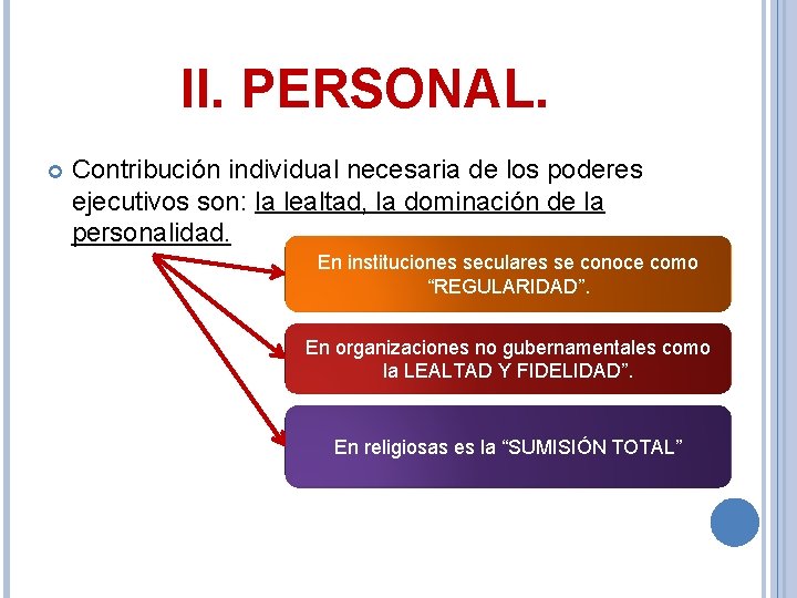 II. PERSONAL. Contribución individual necesaria de los poderes ejecutivos son: la lealtad, la dominación