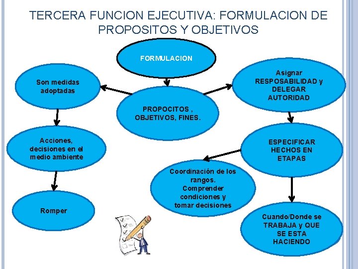 TERCERA FUNCION EJECUTIVA: FORMULACION DE PROPOSITOS Y OBJETIVOS FORMULACION Asignar RESPOSABILIDAD y DELEGAR AUTORIDAD