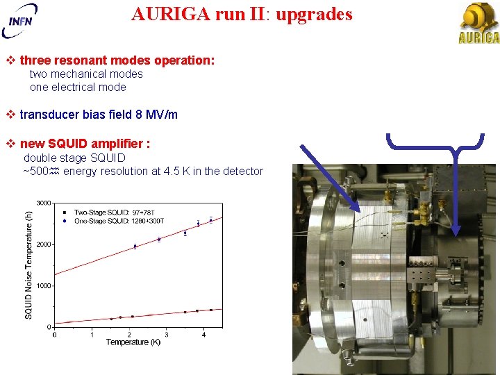 AURIGA run II: upgrades v three resonant modes operation: two mechanical modes one electrical