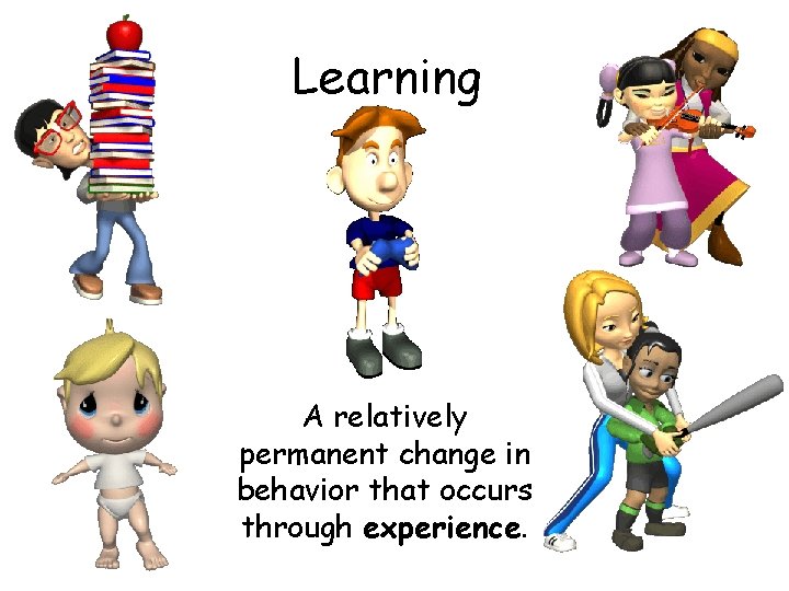 Learning A relatively permanent change in behavior that occurs through experience. 