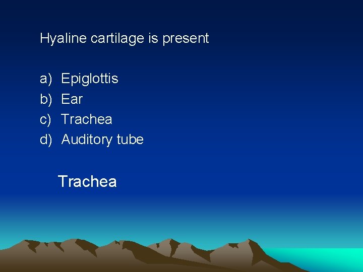 Hyaline cartilage is present a) b) c) d) Epiglottis Ear Trachea Auditory tube Trachea