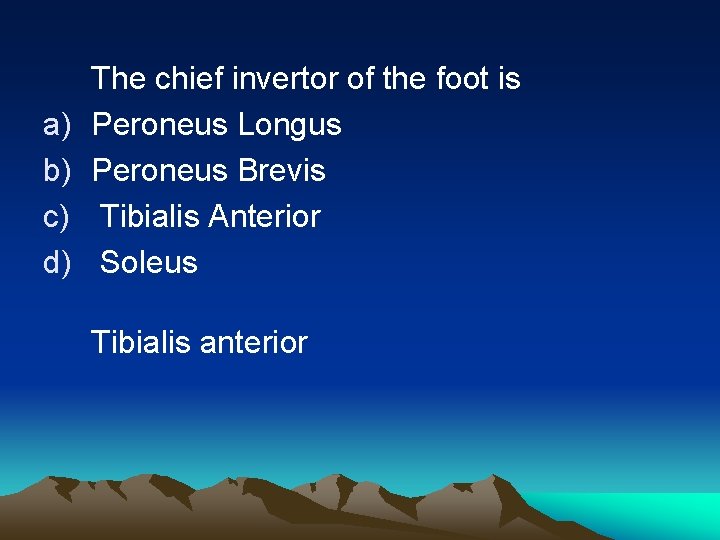 a) b) c) d) The chief invertor of the foot is Peroneus Longus Peroneus