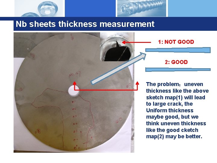 Nb sheets thickness measurement 1: NOT GOOD 2: GOOD The problem：uneven thickness like the