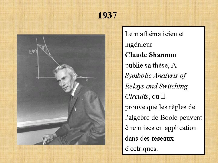 1937 Le mathématicien et ingénieur Claude Shannon publie sa thèse, A Symbolic Analysis of