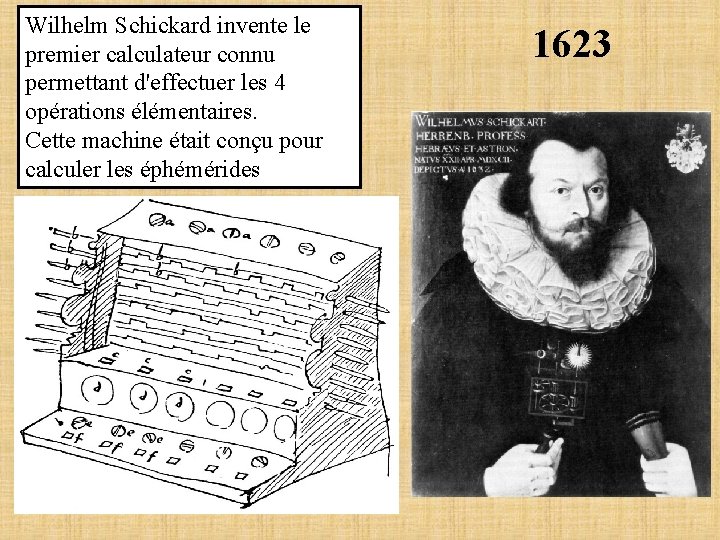 Wilhelm Schickard invente le premier calculateur connu permettant d'effectuer les 4 opérations élémentaires. Cette