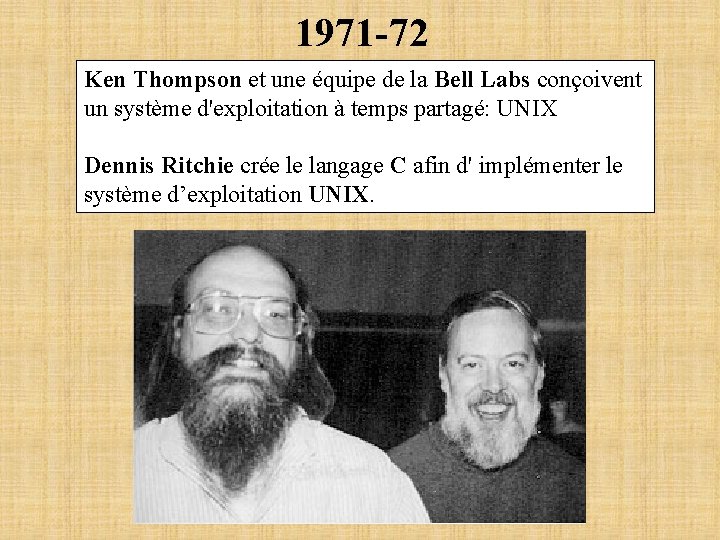 1971 -72 Ken Thompson et une équipe de la Bell Labs conçoivent un système
