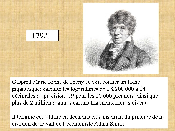 1792 Gaspard Marie Riche de Prony se voit confier un tâche gigantesque: calculer les