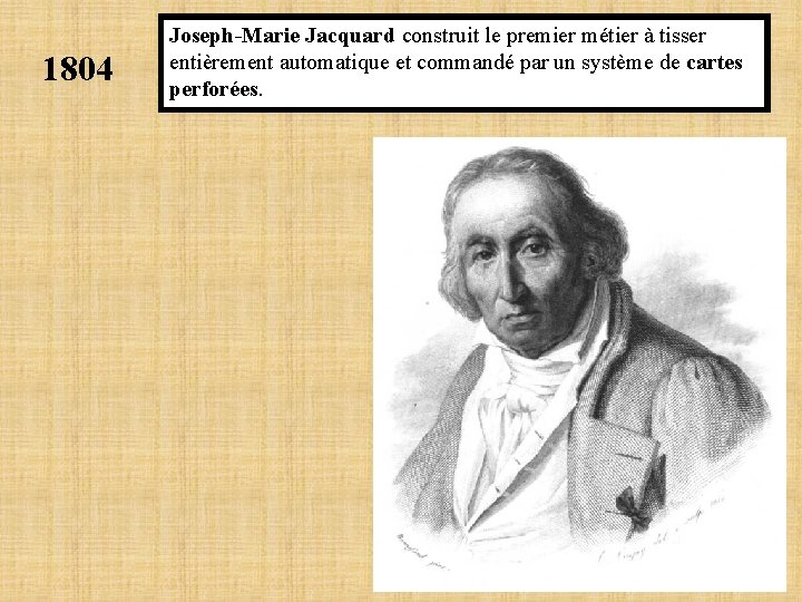 1804 Joseph-Marie Jacquard construit le premier métier à tisser entièrement automatique et commandé par