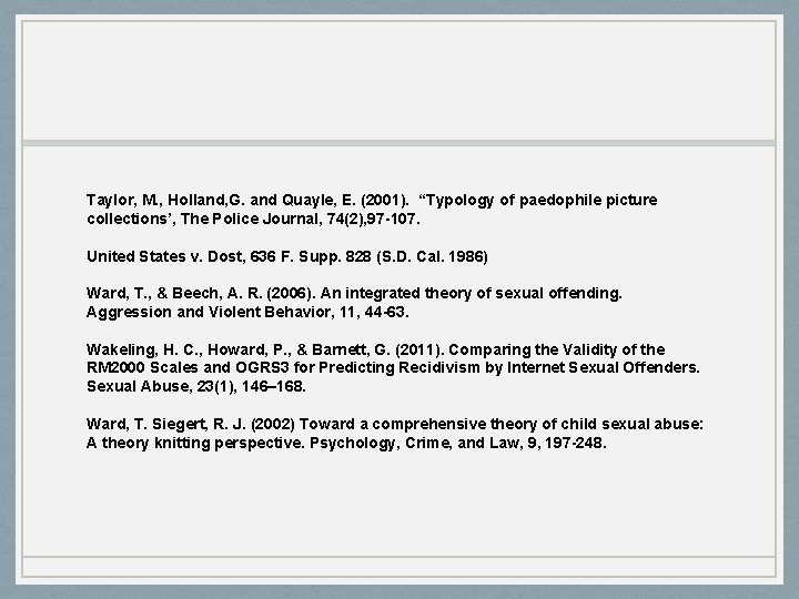 Taylor, M. , Holland, G. and Quayle, E. (2001). “Typology of paedophile picture collections’, Taylor, M. , Holland, G. and Quayle, E. (2001). “Typology of paedophile picture collections’,