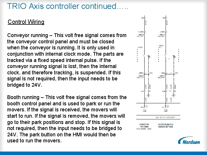 TRIO Axis controller continued…. . Control Wiring Conveyor running – This volt free signal