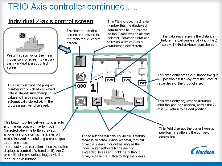 TRIO Axis controller continued…. . Individual Z-axis control screen This button exits the screen