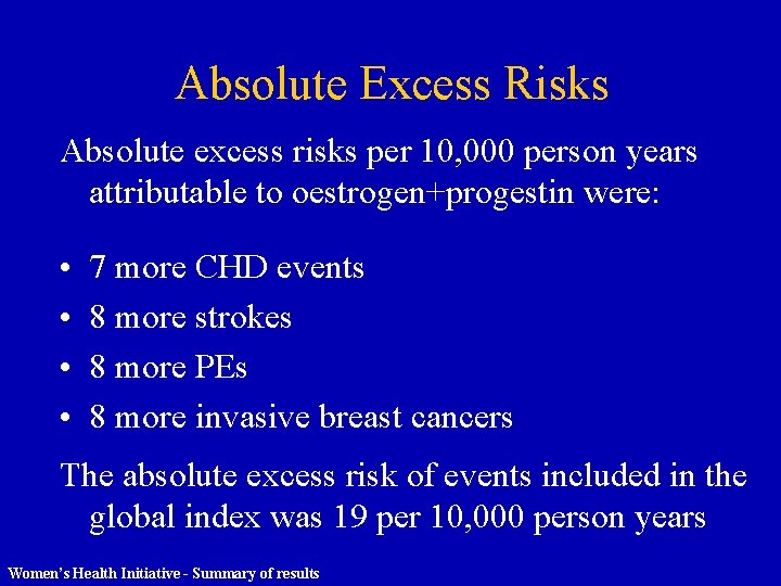 Absolute Excess Risks Absolute excess risks per 10, 000 person years attributable to oestrogen+progestin