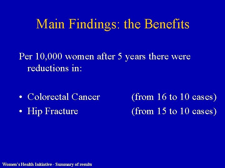 Main Findings: the Benefits Per 10, 000 women after 5 years there were reductions