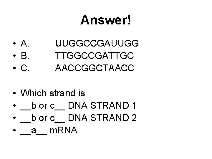 Answer! • A. • B. • C. • • UUGGCCGAUUGG TTGGCCGATTGC AACCGGCTAACC Which strand