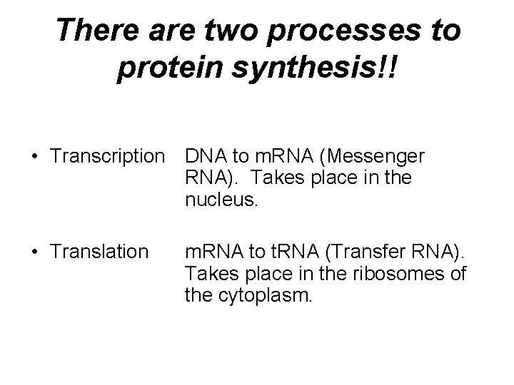 There are two processes to protein synthesis!! • Transcription DNA to m. RNA (Messenger