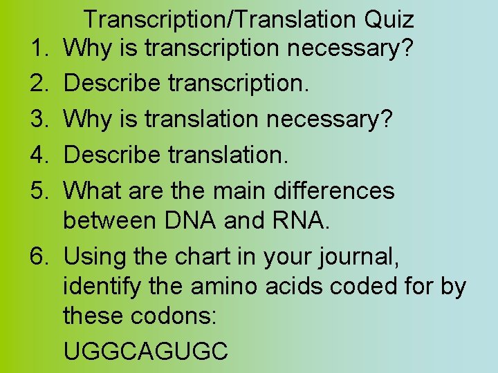 1. 2. 3. 4. 5. 6. Transcription/Translation Quiz Why is transcription necessary? Describe transcription.