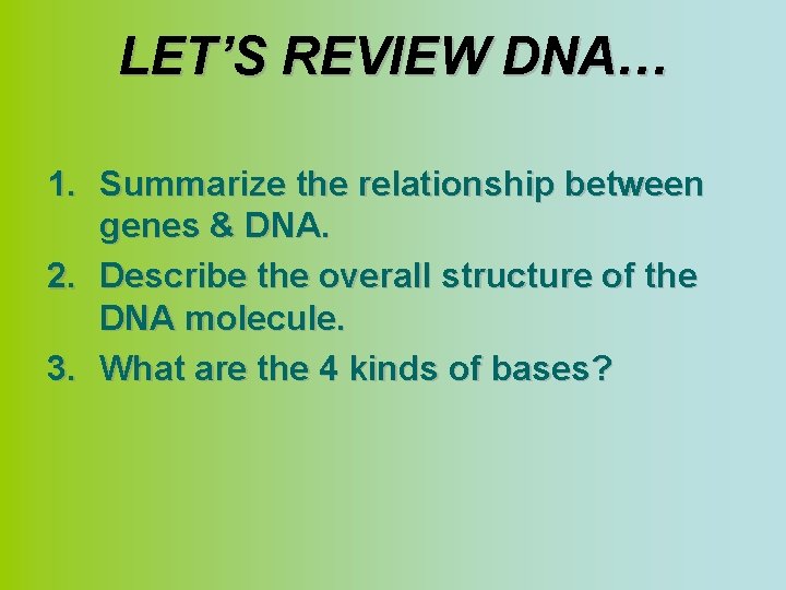LET’S REVIEW DNA… 1. Summarize the relationship between genes & DNA. 2. Describe the