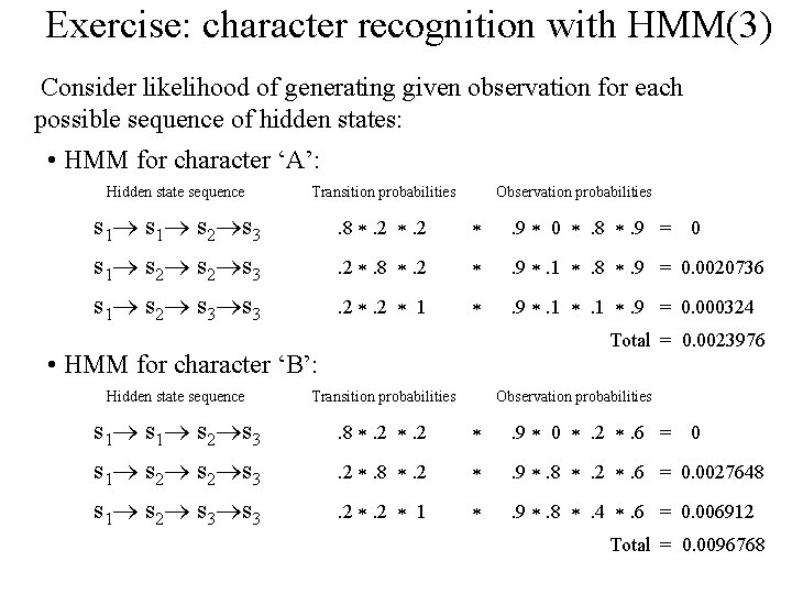 Exercise: character recognition with HMM(3) Consider likelihood of generating given observation for each possible