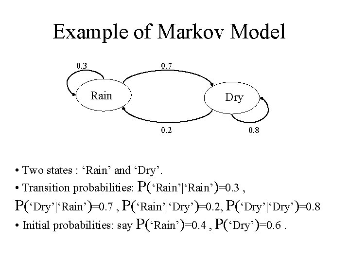 Example of Markov Model 0. 3 0. 7 Rain Dry 0. 2 0. 8