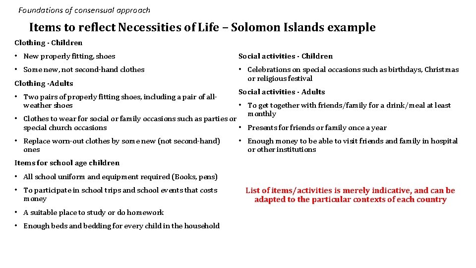 Foundations of consensual approach Items to reflect Necessities of Life – Solomon Islands example