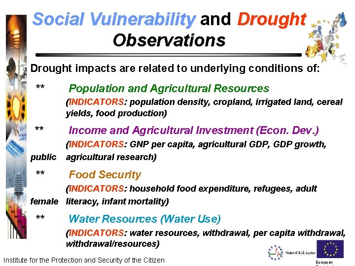 Social Vulnerability and Drought Vulnerability Observations Drought impacts are related to underlying conditions of: