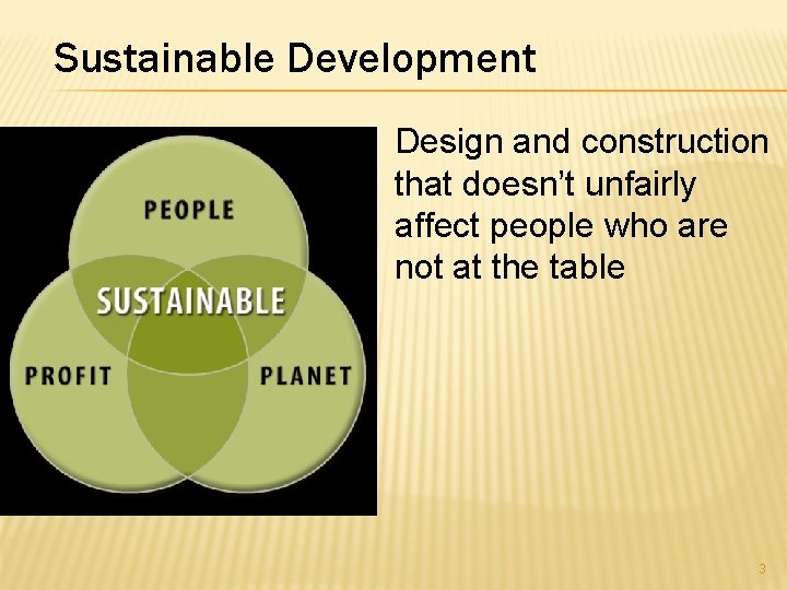 Sustainable Development Design and construction that doesn’t unfairly affect people who are not at