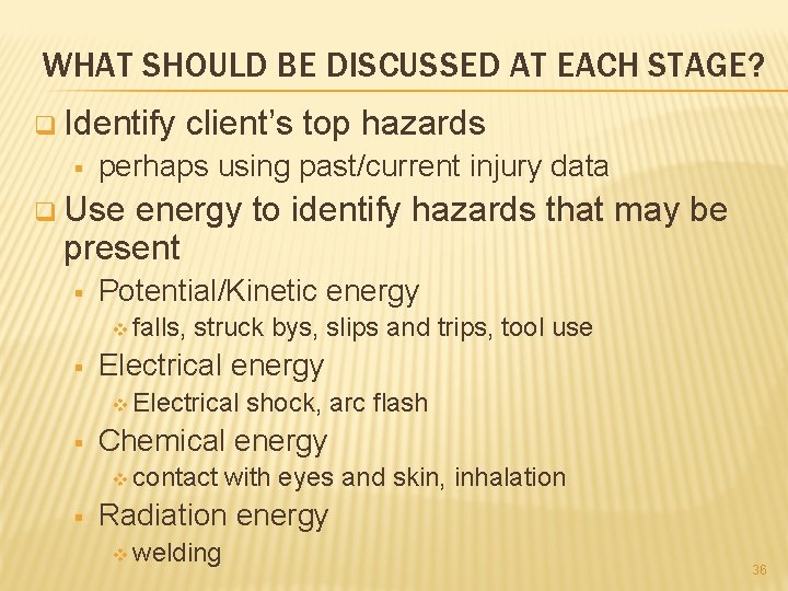 WHAT SHOULD BE DISCUSSED AT EACH STAGE? q Identify § client’s top hazards perhaps
