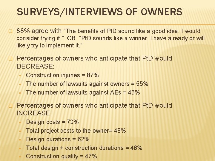 SURVEYS/INTERVIEWS OF OWNERS q 88% agree with “The benefits of Pt. D sound like