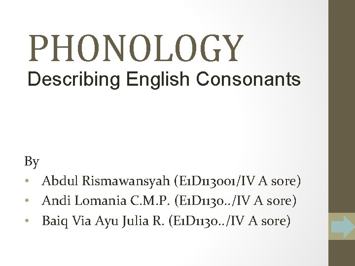 PHONOLOGY Describing English Consonants By • Abdul Rismawansyah (E 1 D 113001/IV A sore)