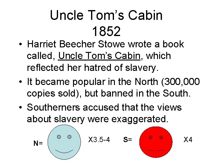 Uncle Tom’s Cabin 1852 • Harriet Beecher Stowe wrote a book called, Uncle Tom’s