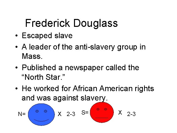 Frederick Douglass • Escaped slave • A leader of the anti-slavery group in Mass.