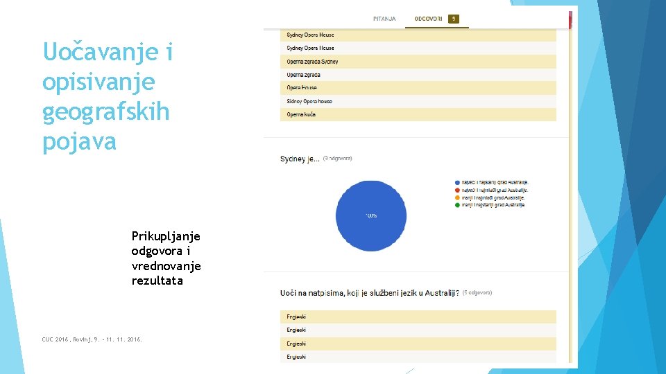 Uočavanje i opisivanje geografskih pojava Prikupljanje odgovora i vrednovanje rezultata CUC 2016, Rovinj, 9.