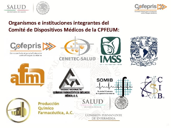 Organismos e instituciones integrantes del Comité de Dispositivos Médicos de la CPFEUM: 15 