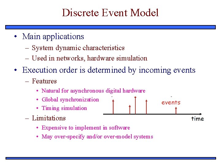 Discrete Event Model • Main applications – System dynamic characteristics – Used in networks,