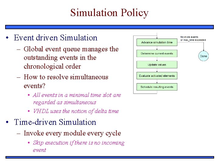 Simulation Policy • Event driven Simulation – Global event queue manages the outstanding events